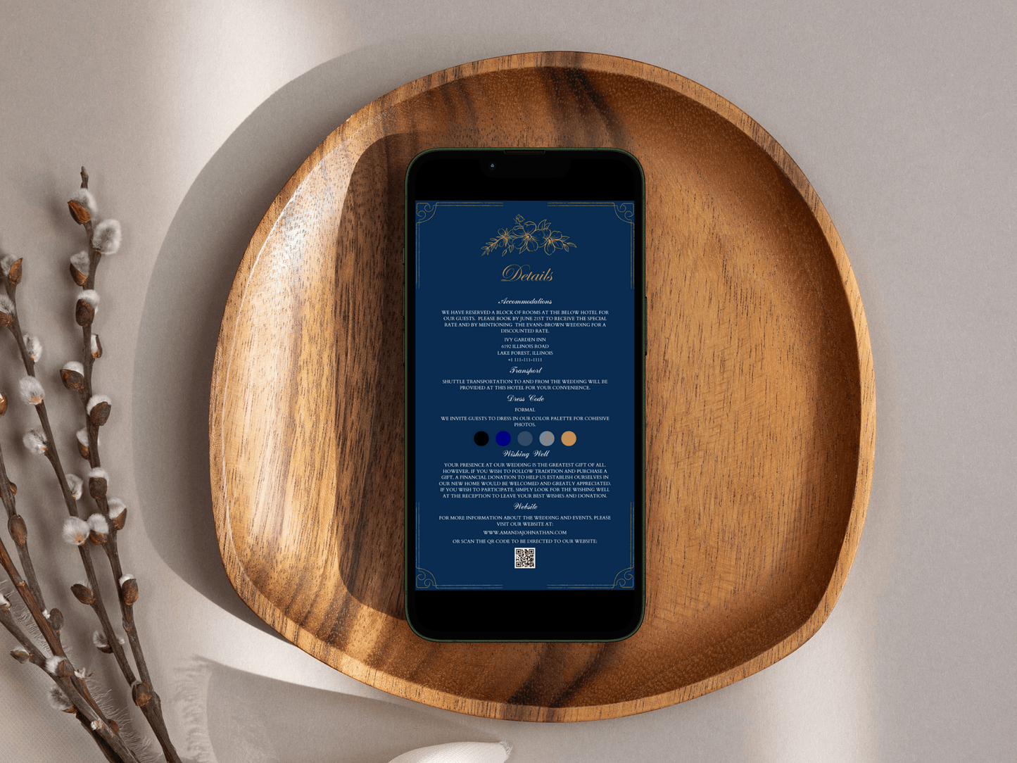 Elegant Blue and Gold Wedding Details Insert Template, Printable & Digital Templates