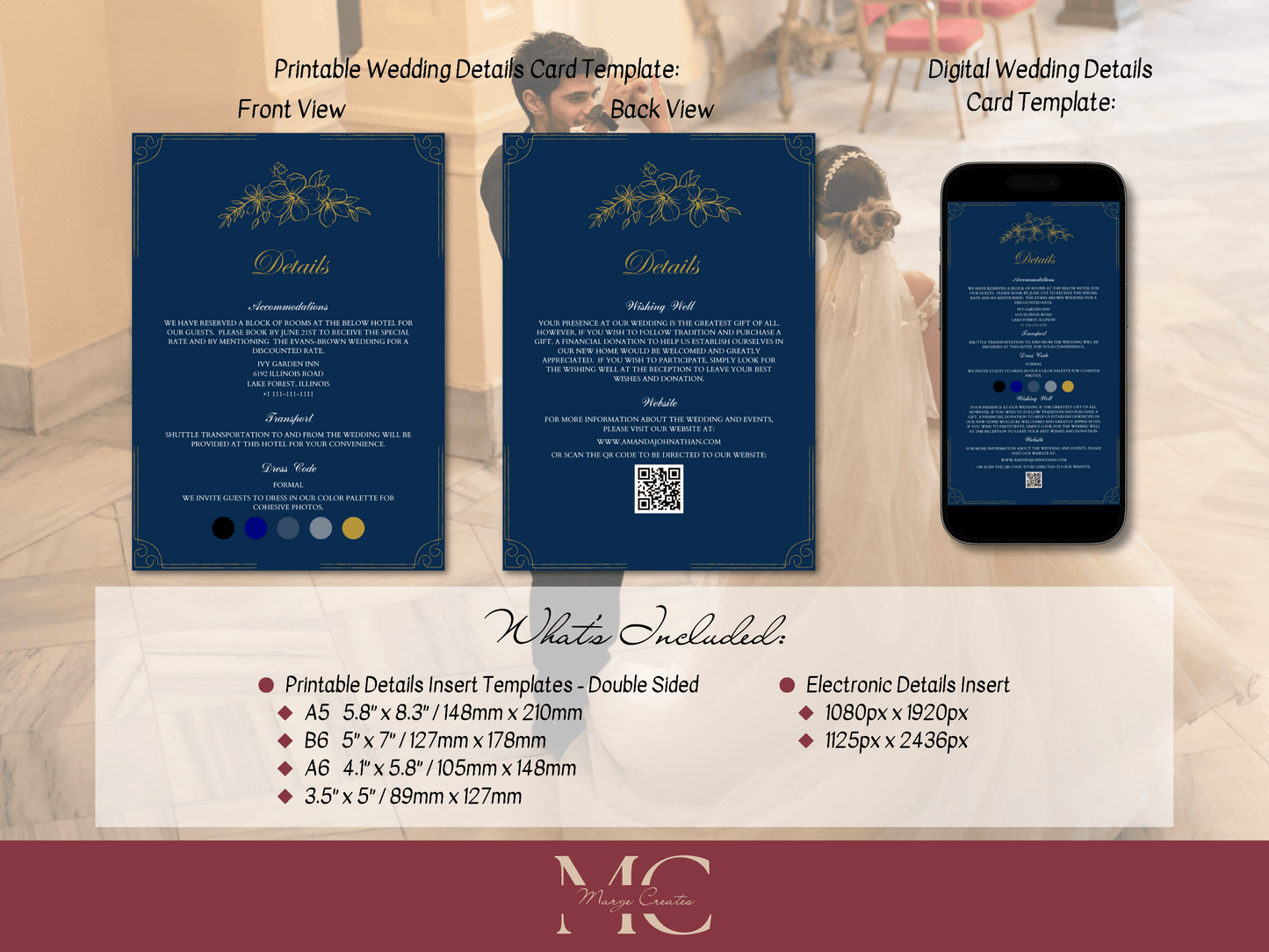 Elegant Blue and Gold Wedding Details Insert Template, Printable & Digital Templates