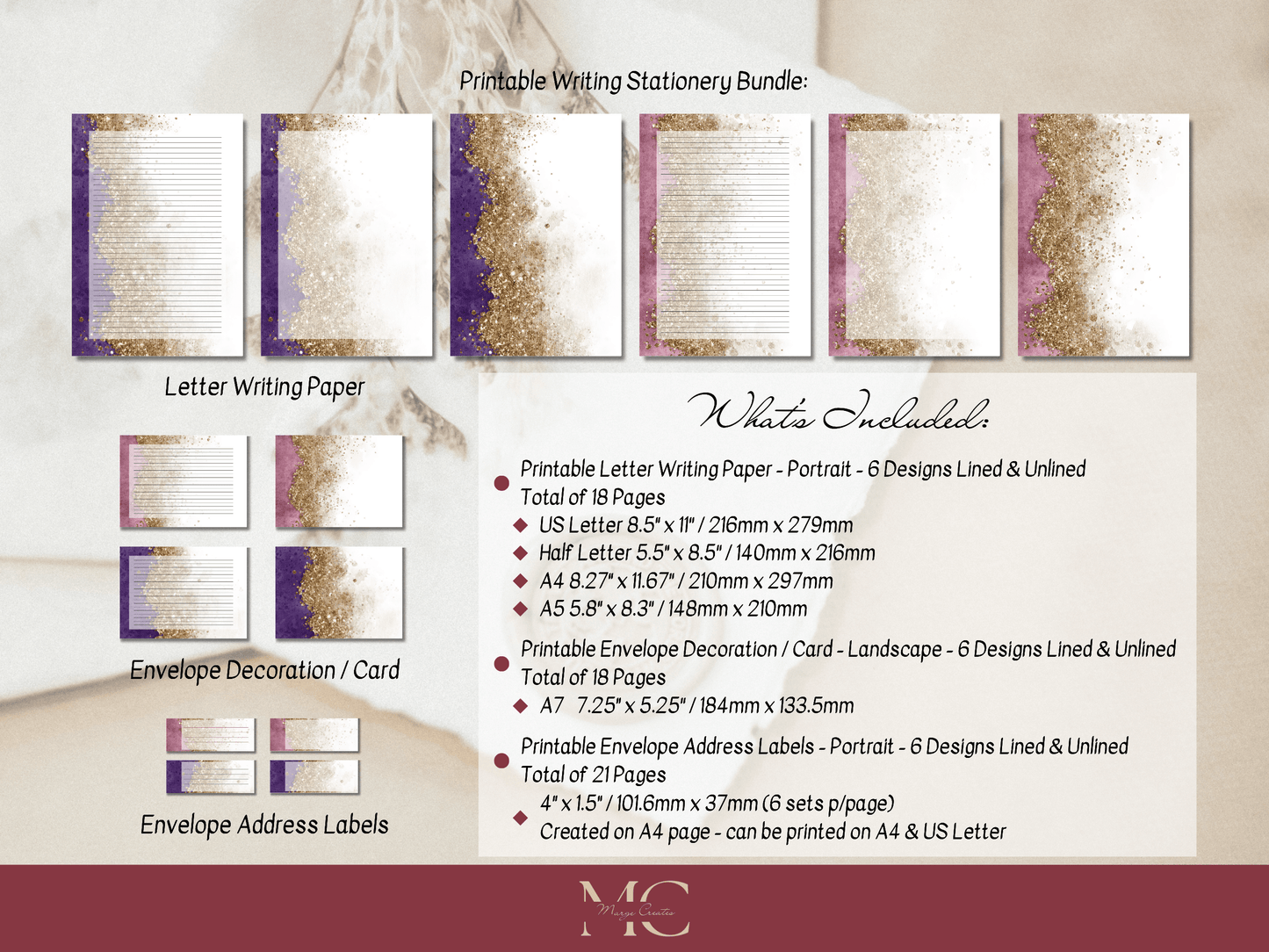 Color & Gold Paper Writing Stationary Set - Writing Paper, Address Labels, Envelope Decoration/Card, 6 Designs - 57 Pages