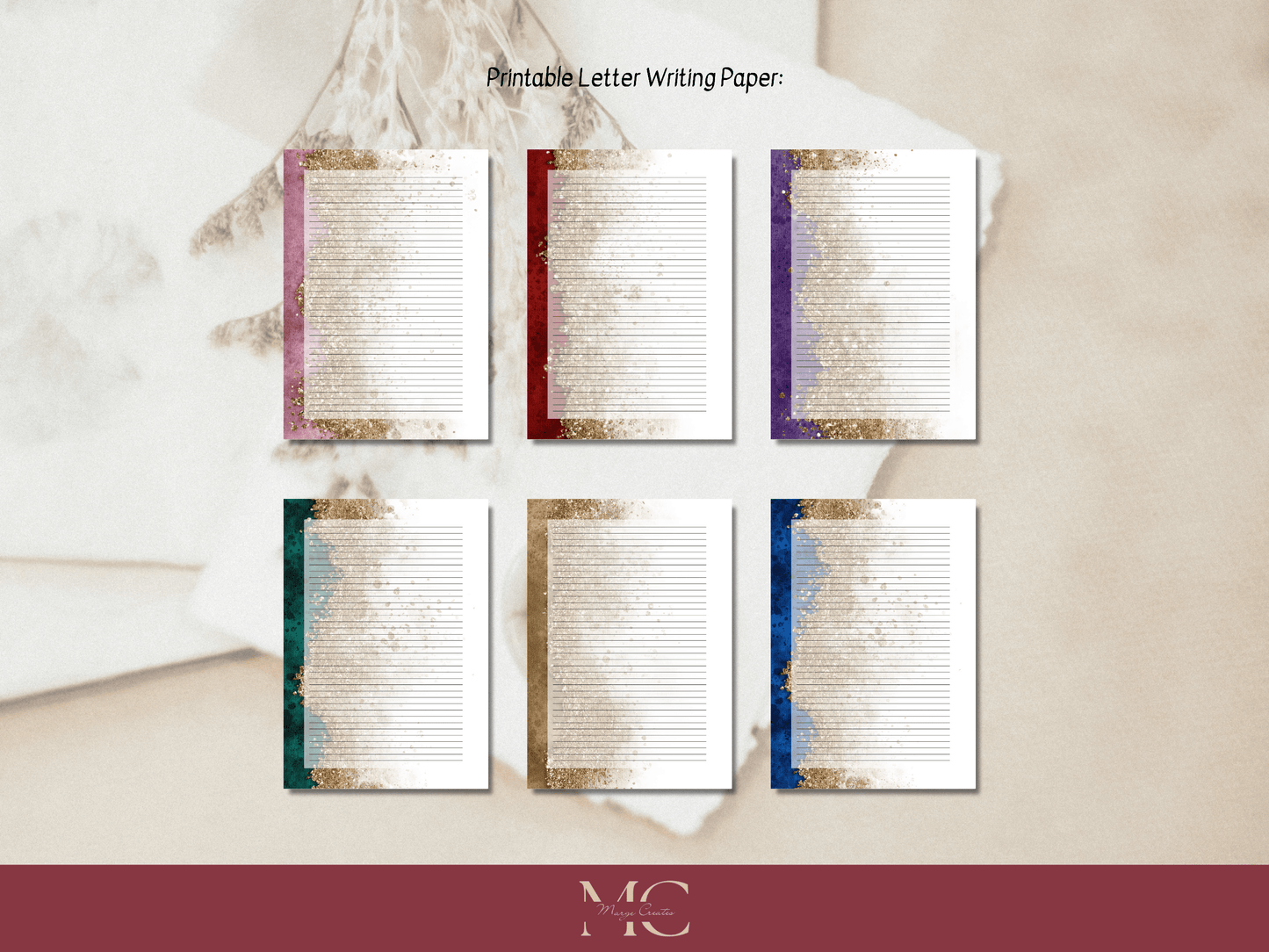 Color & Gold Paper Writing Stationary Set - Writing Paper, Address Labels, Envelope Decoration/Card, 6 Designs - 57 Pages