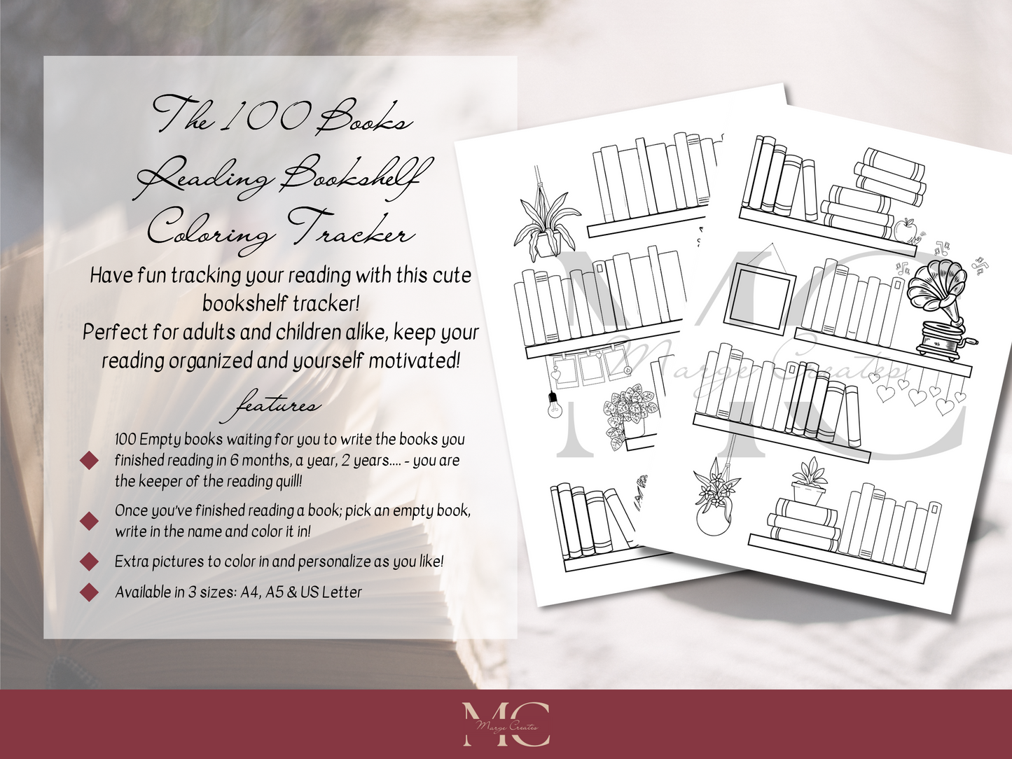 100 Books Bookshelf Reading Tracker, Printable Bookshelf Coloring Reading Log