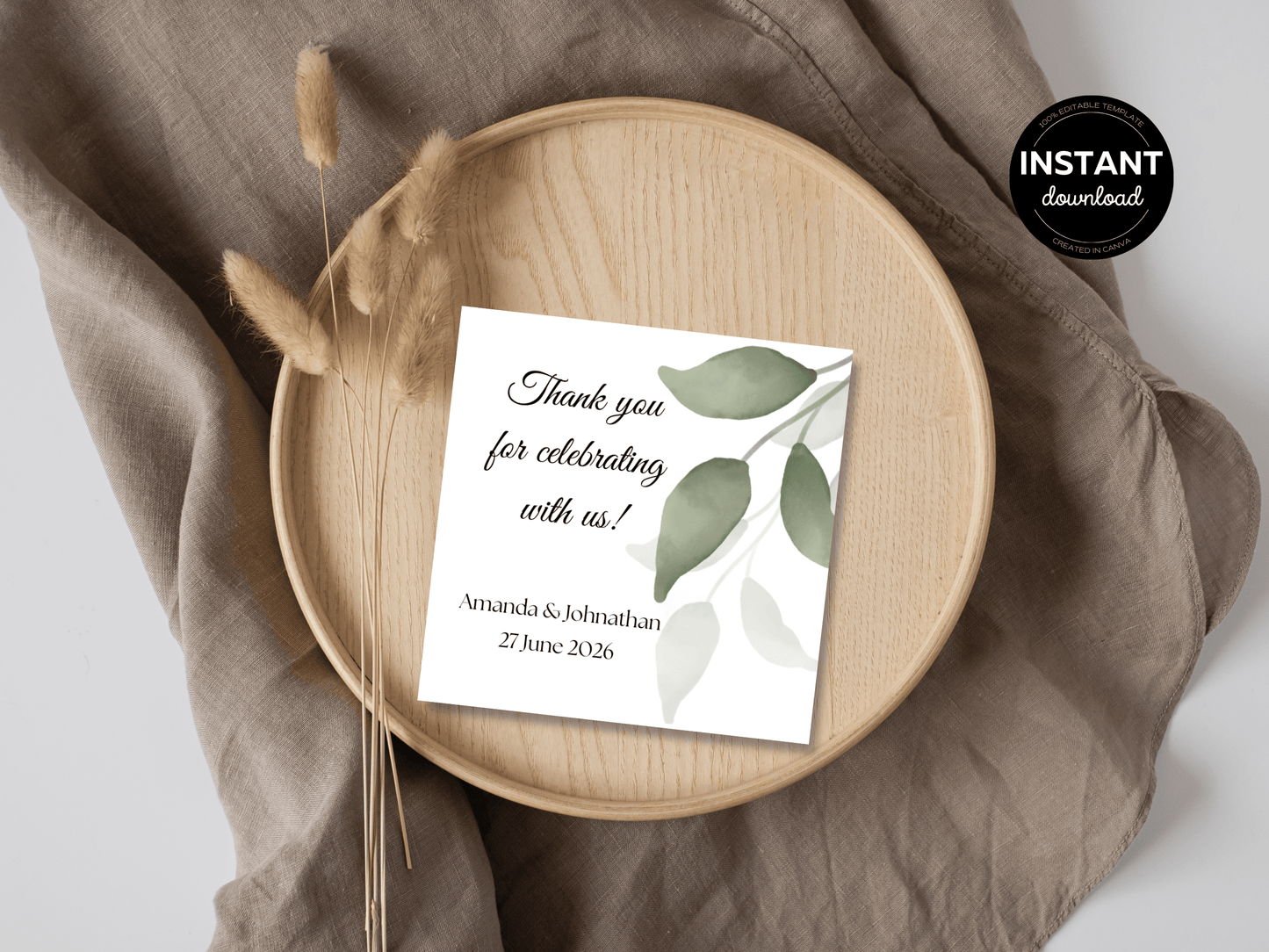 Watercolor Greenery Leaves Square Wedding Favor Tags / Sticker / Label & Sign Set, Printable Templates