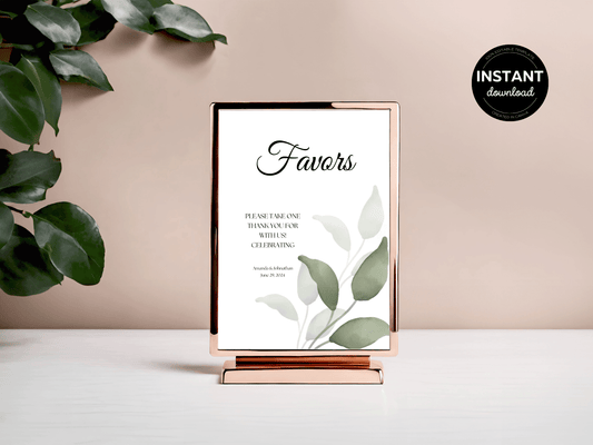 Watercolor Greenery Leaves "Favors Please Take One" Favor Sign, Printable Templates