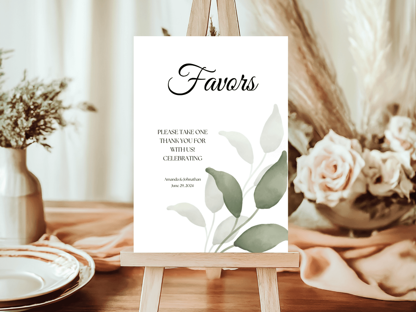 Watercolor Greenery Leaves "Favors Please Take One" Favor Sign, Printable Templates