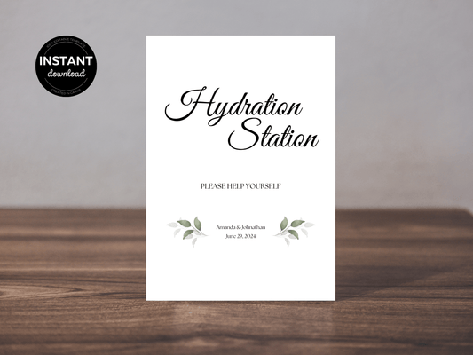 Watercolor Greenery Leaves "Hydration Station" Water Sign, Printable Templates