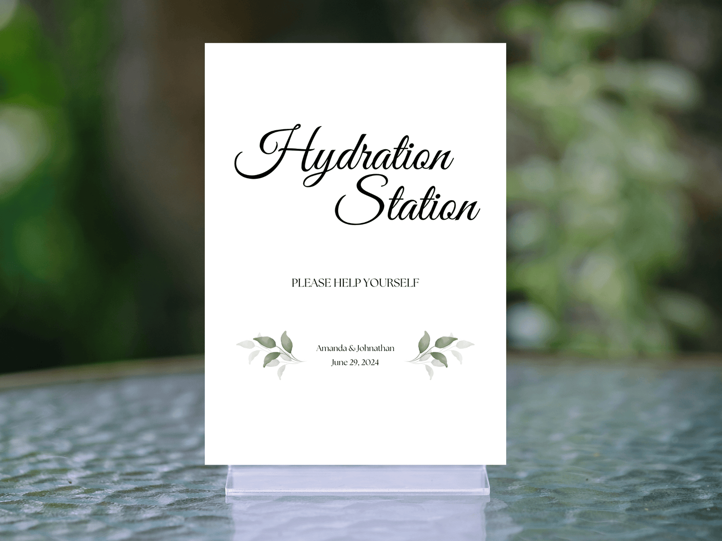 Watercolor Greenery Leaves "Hydration Station" Water Sign, Printable Templates