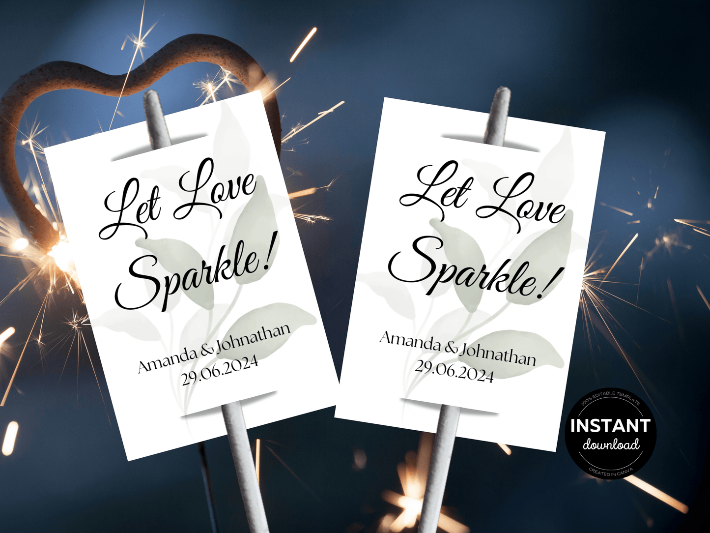 Watercolor Greenery Leaves Wedding "Let Love Sparkle" Sparkler Tags & Sign Set, Printable Templates