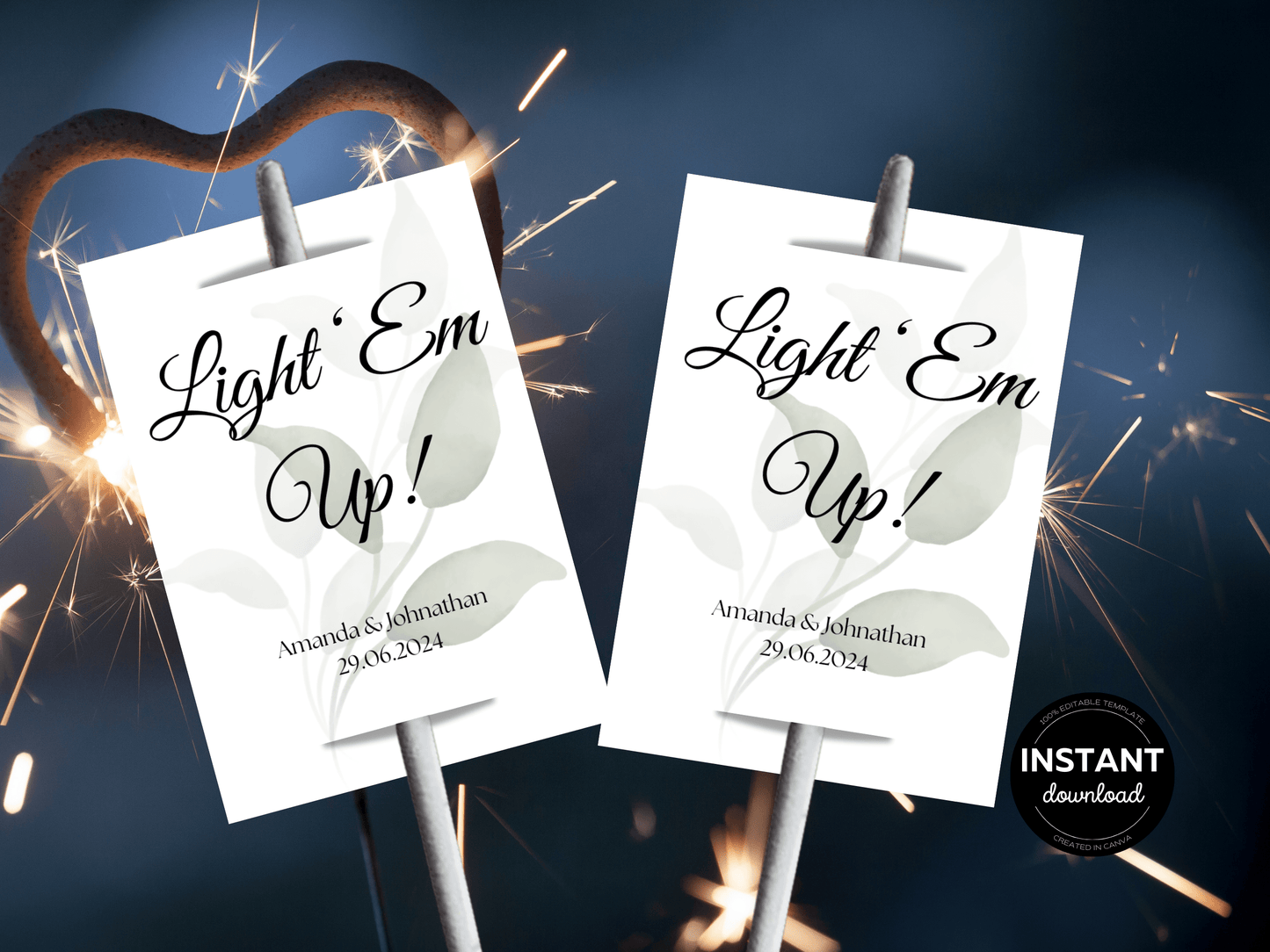 Watercolor Greenery Leaves Wedding "Light 'Em Up" Sparkler Tags & Sign Set, Printable Templates