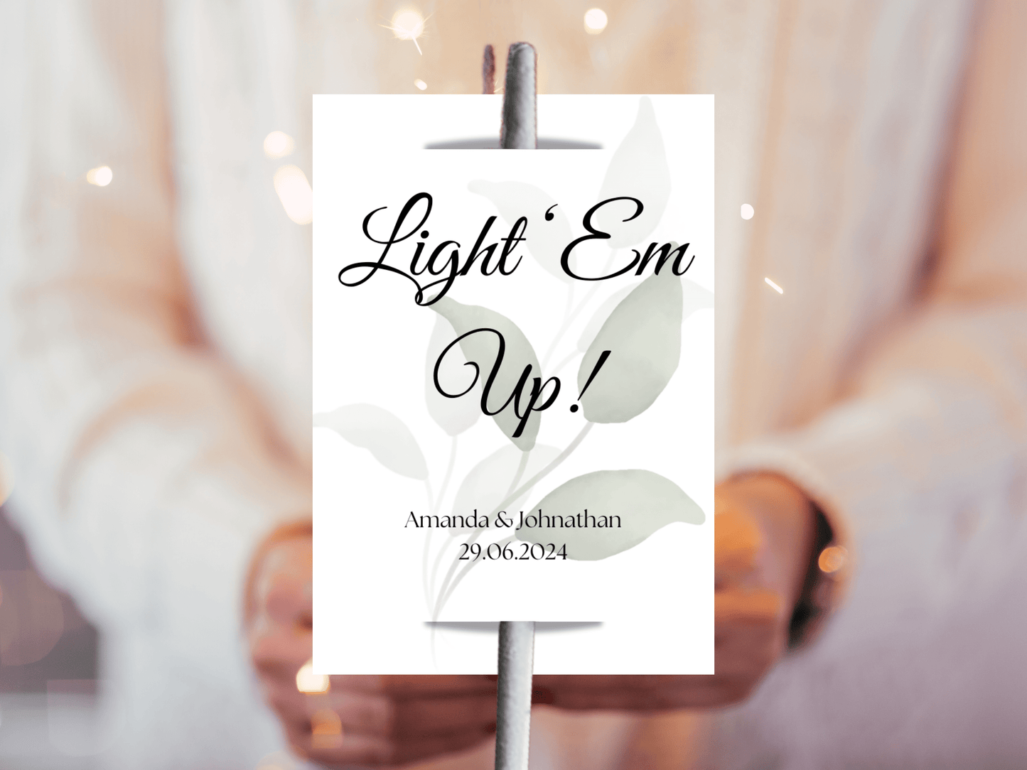 Watercolor Greenery Leaves Wedding "Light 'Em Up" Sparkler Tags & Sign Set, Printable Templates