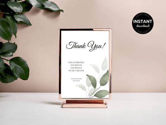 Watercolor Greenery Leaves "Thank You Please Take One" Favor Sign, Printable Templates