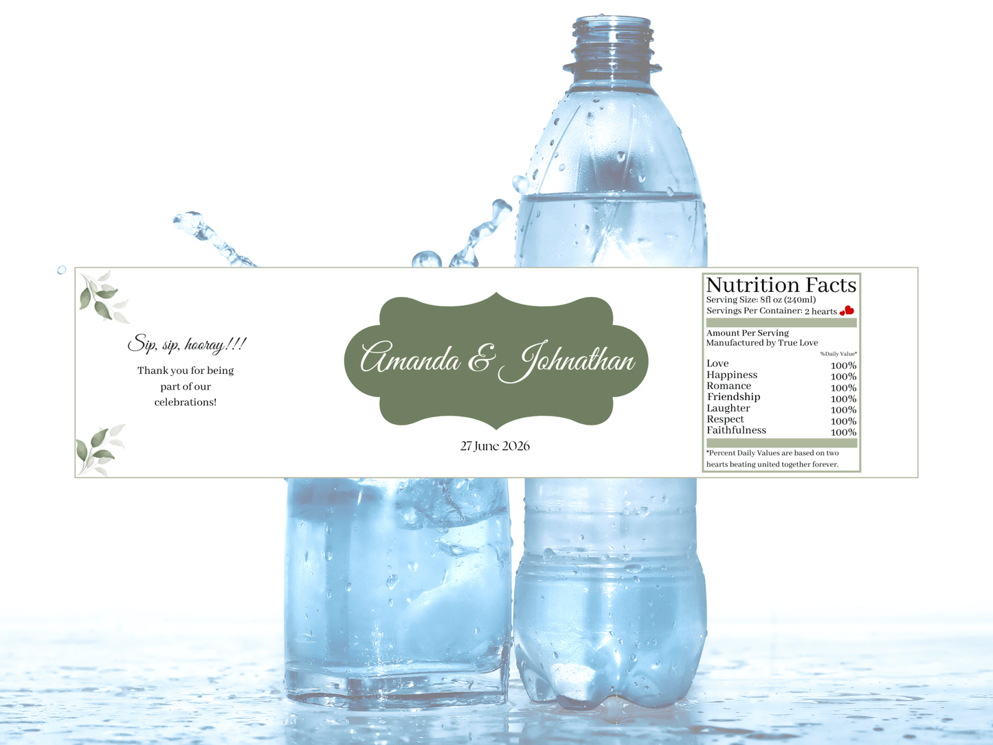 Watercolor Greenery Leaves Wedding Water Bottle Sticker Label & Sign Set, Printable Templates