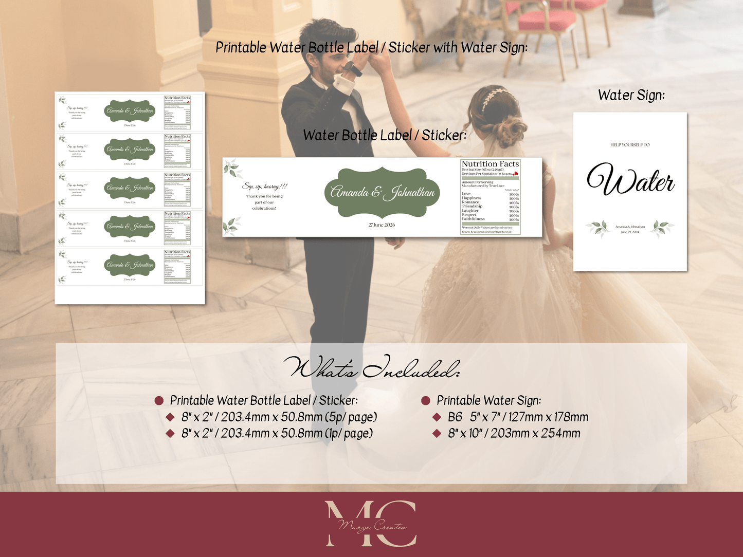 Watercolor Greenery Leaves Wedding Water Bottle Sticker Label & Sign Set, Printable Templates