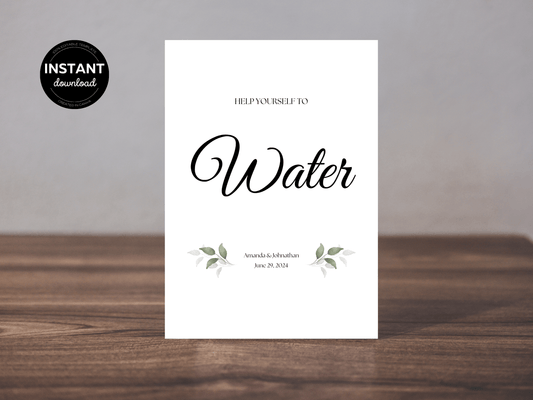 Watercolor Greenery Leaves "Help Yourself To Water" Water Sign, Printable Templates