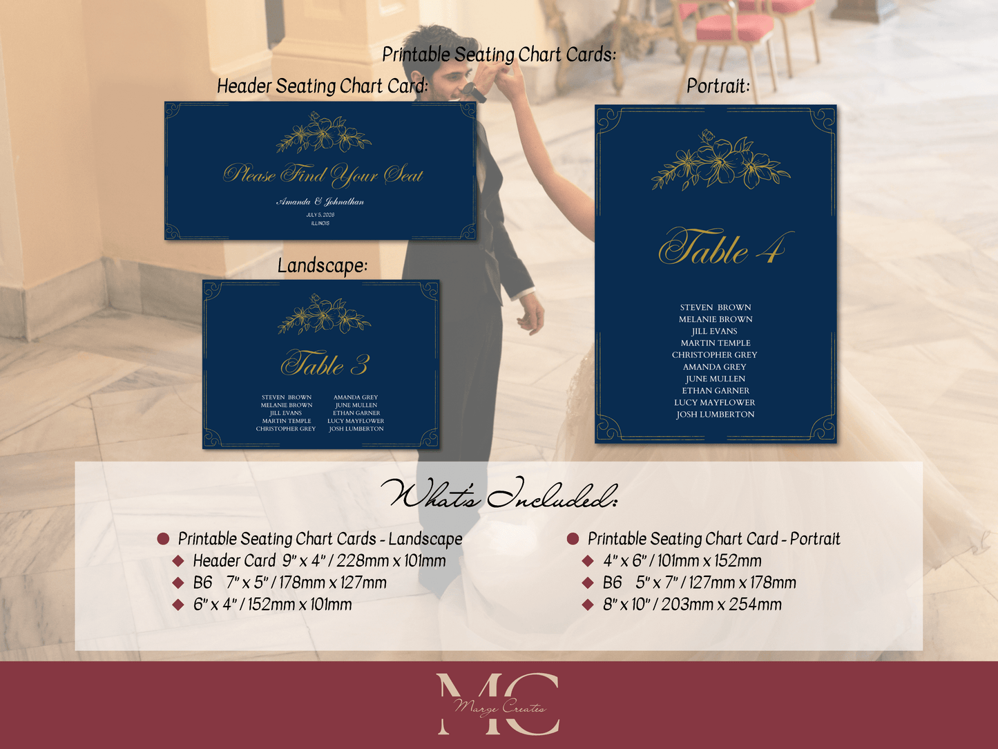 Elegant Blue and Gold Wedding Seating Chart Card Template, Printable Templates