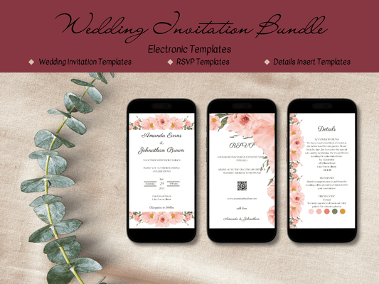 Soft Pink Floral Wedding Evite Template Bundle, Digital Templates