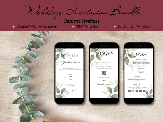 Watercolor Greenery Leaves Wedding Evite Template Bundle, Digital Templates