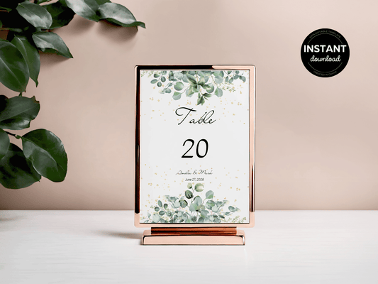 Eucalyptus & Gold Wedding Table Number Templates, Printable Templates