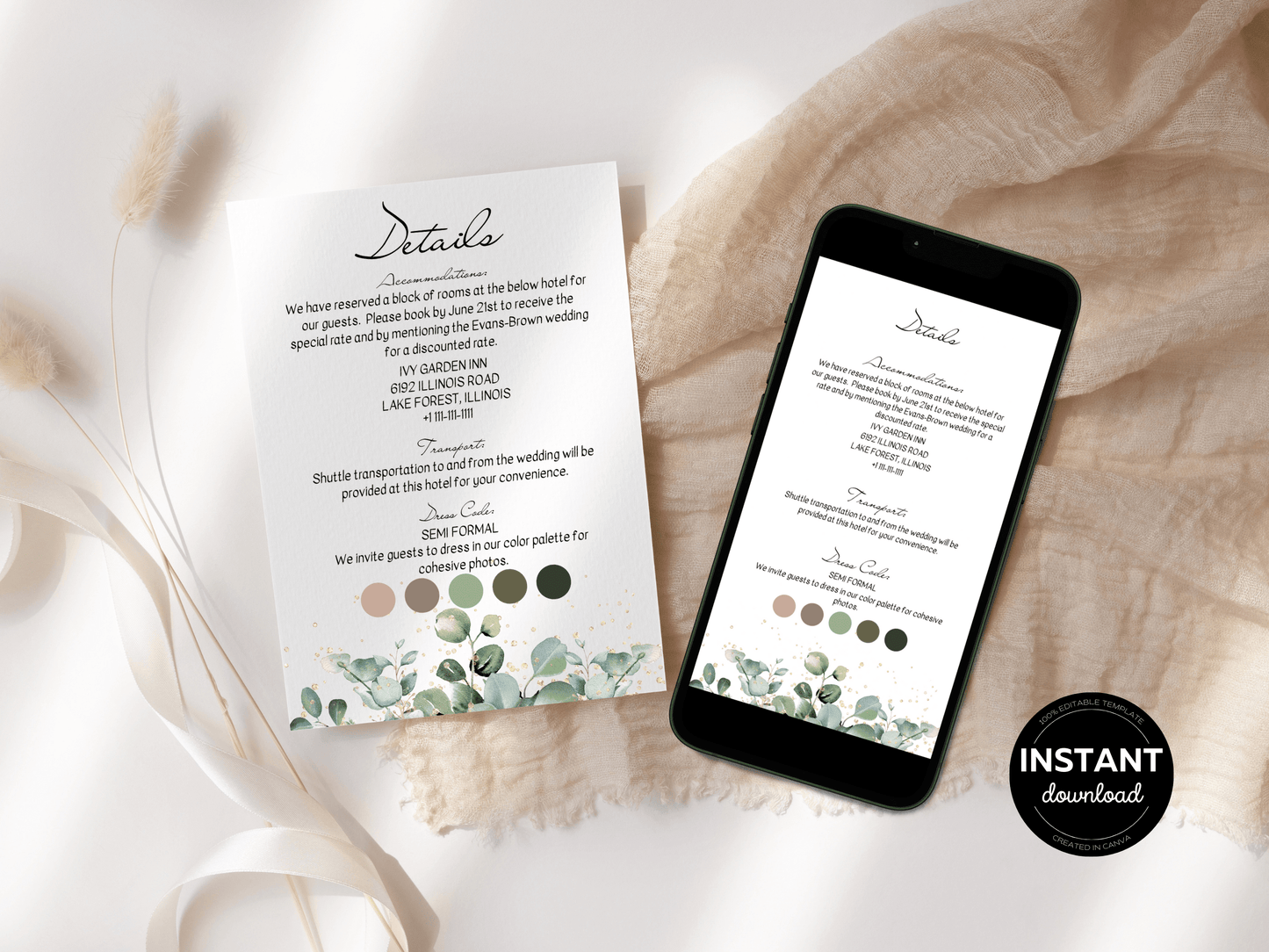 Eucalyptus & Gold Wedding Details Insert Templates, Printable & Digital Templates