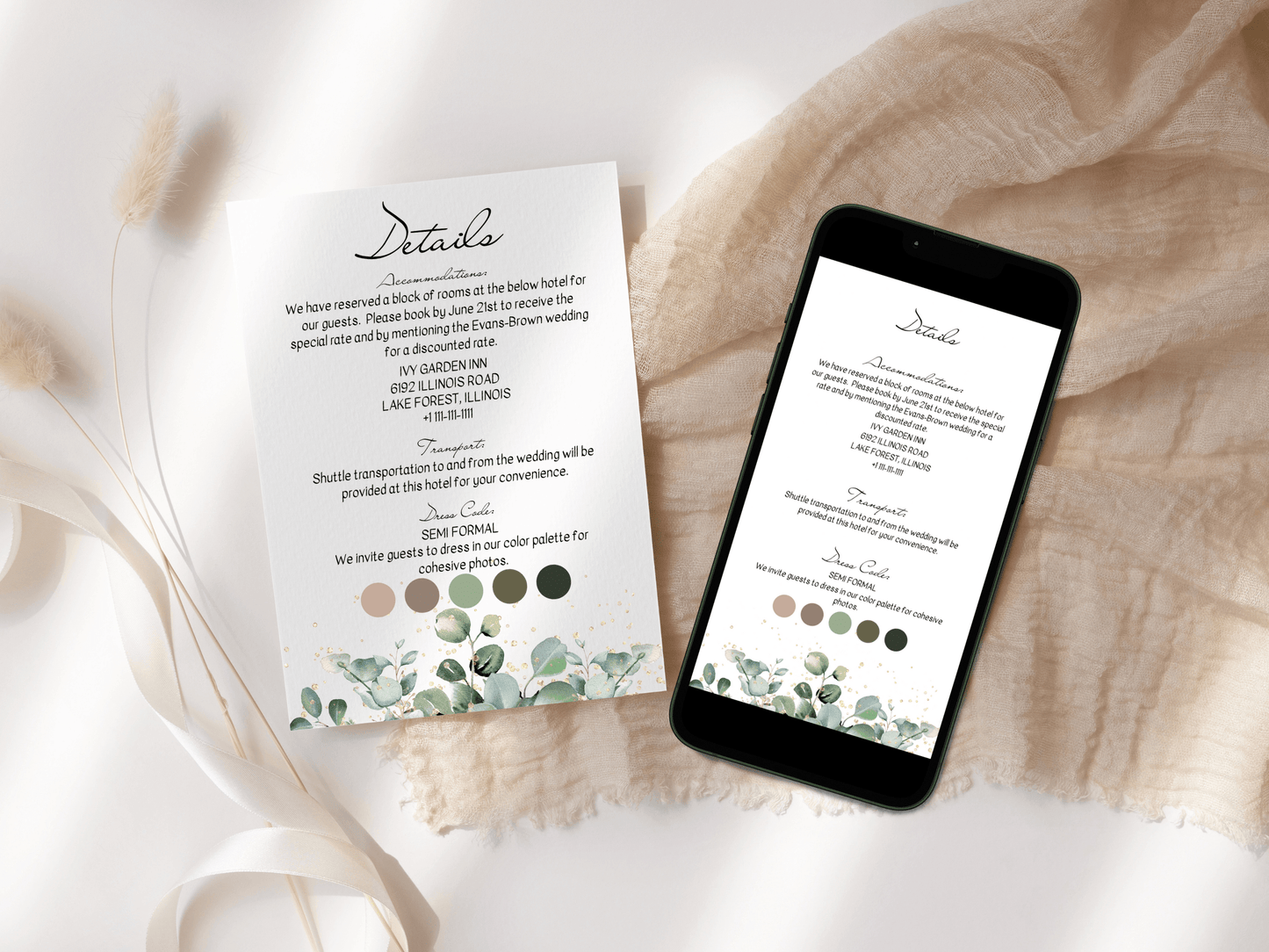 Eucalyptus & Gold Wedding Invitation Suite with Envelope Decoration Templates, (WA), Printable Templates