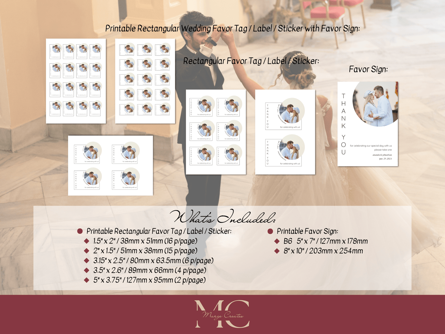 Minimalist Round Photo Rectangular Wedding Favor Tags / Sticker / Label, Printable Templates