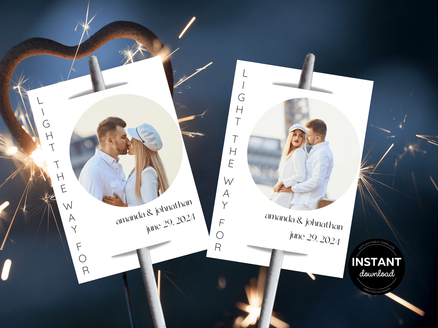 Minimalist Round Photo Wedding "Light the Way" Sparkler Tags & Sign Set, Printable Templates
