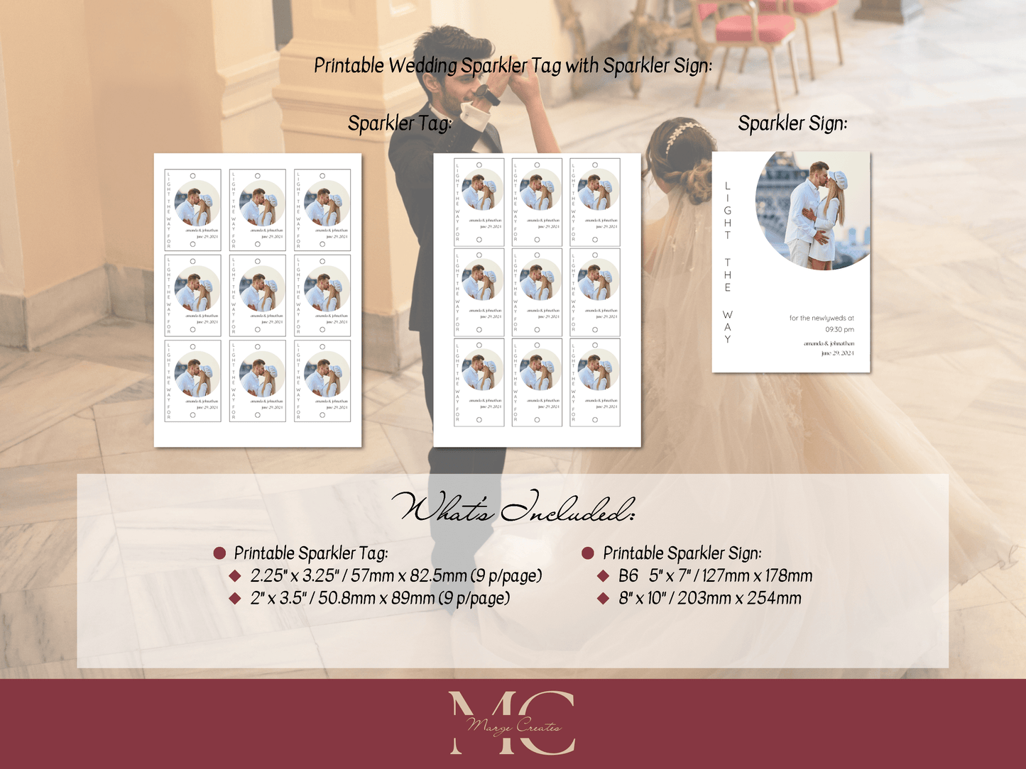 Minimalist Round Photo Wedding "Light the Way" Sparkler Tags & Sign Set, Printable Templates
