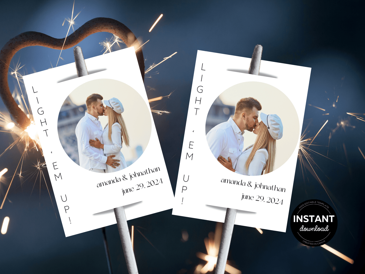 Minimalist Round Photo Wedding "Light 'Em Up" Sparkler Tags & Sign Set, Printable Templates