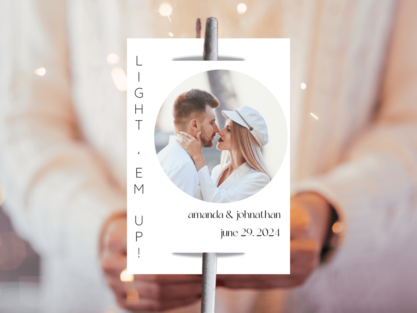 Minimalist Round Photo Wedding "Light 'Em Up" Sparkler Tags & Sign Set, Printable Templates