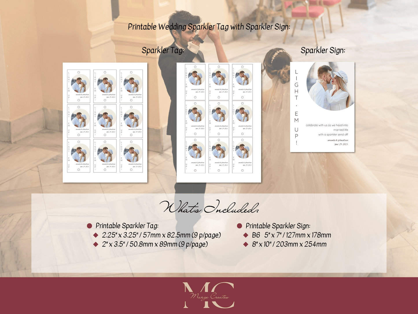 Minimalist Round Photo Wedding "Light 'Em Up" Sparkler Tags & Sign Set, Printable Templates