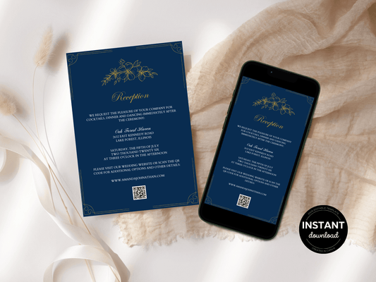 Elegant Blue and Gold Wedding Reception Invitation Template, Printable & Digital Templates