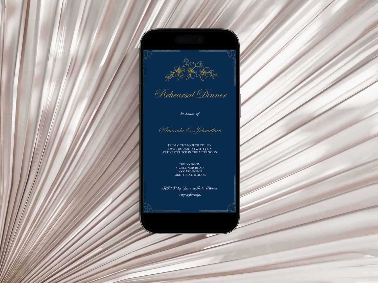 Elegant Blue and Gold Wedding Rehearsal Dinner Invitation Template, Printable & Digital Templates