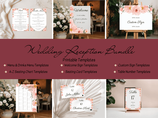 Soft Pink Floral 7Pc Wedding Reception Bundle with Alphabetical Seating Chart, Printable Templates