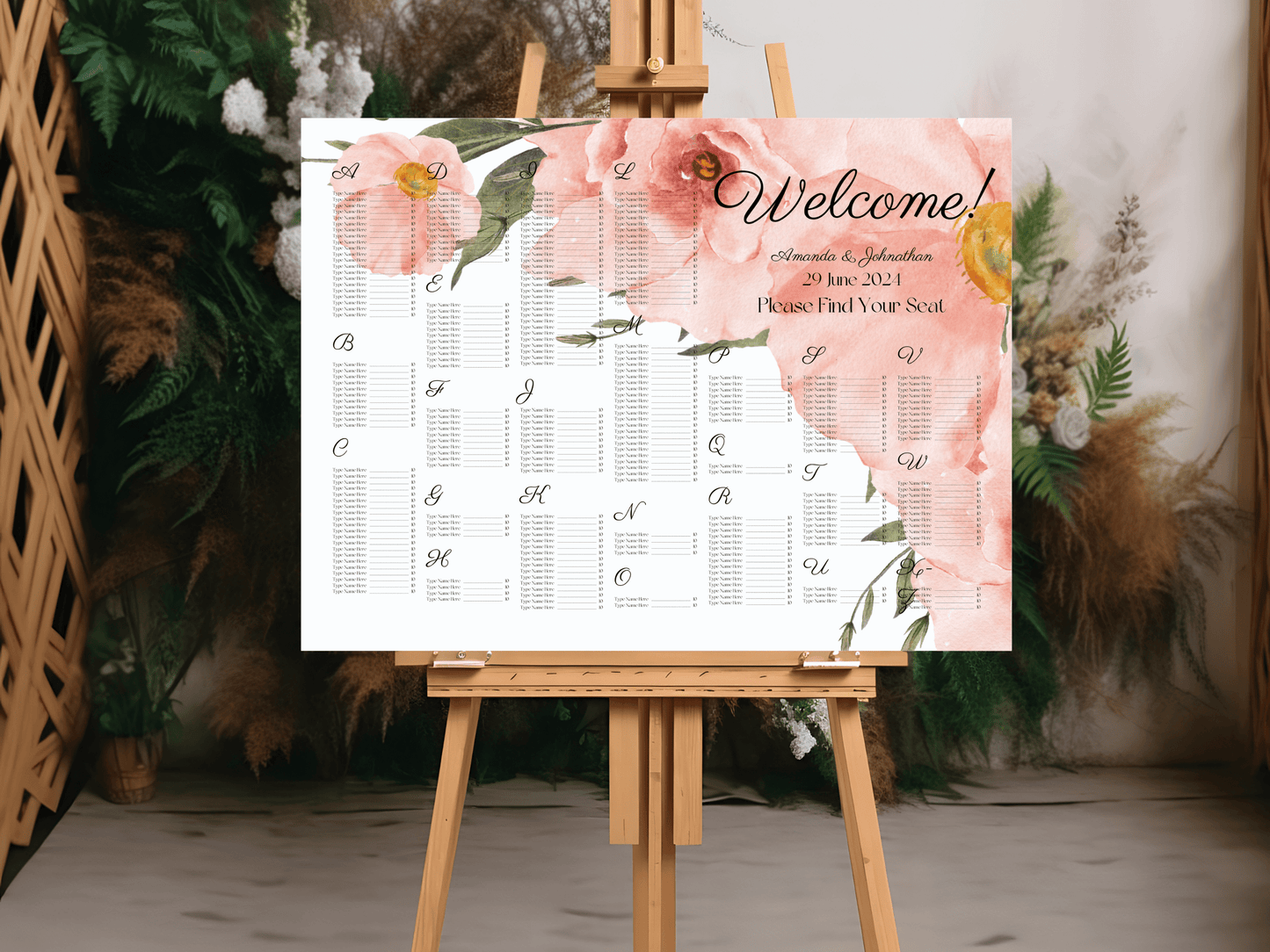 Soft Pink Floral Wedding Alphabetical Seating Chart Templates, Printable Templates