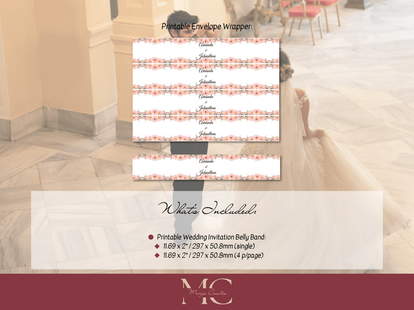 Soft Pink Floral Wedding Belly Band Templates, Printable Templates