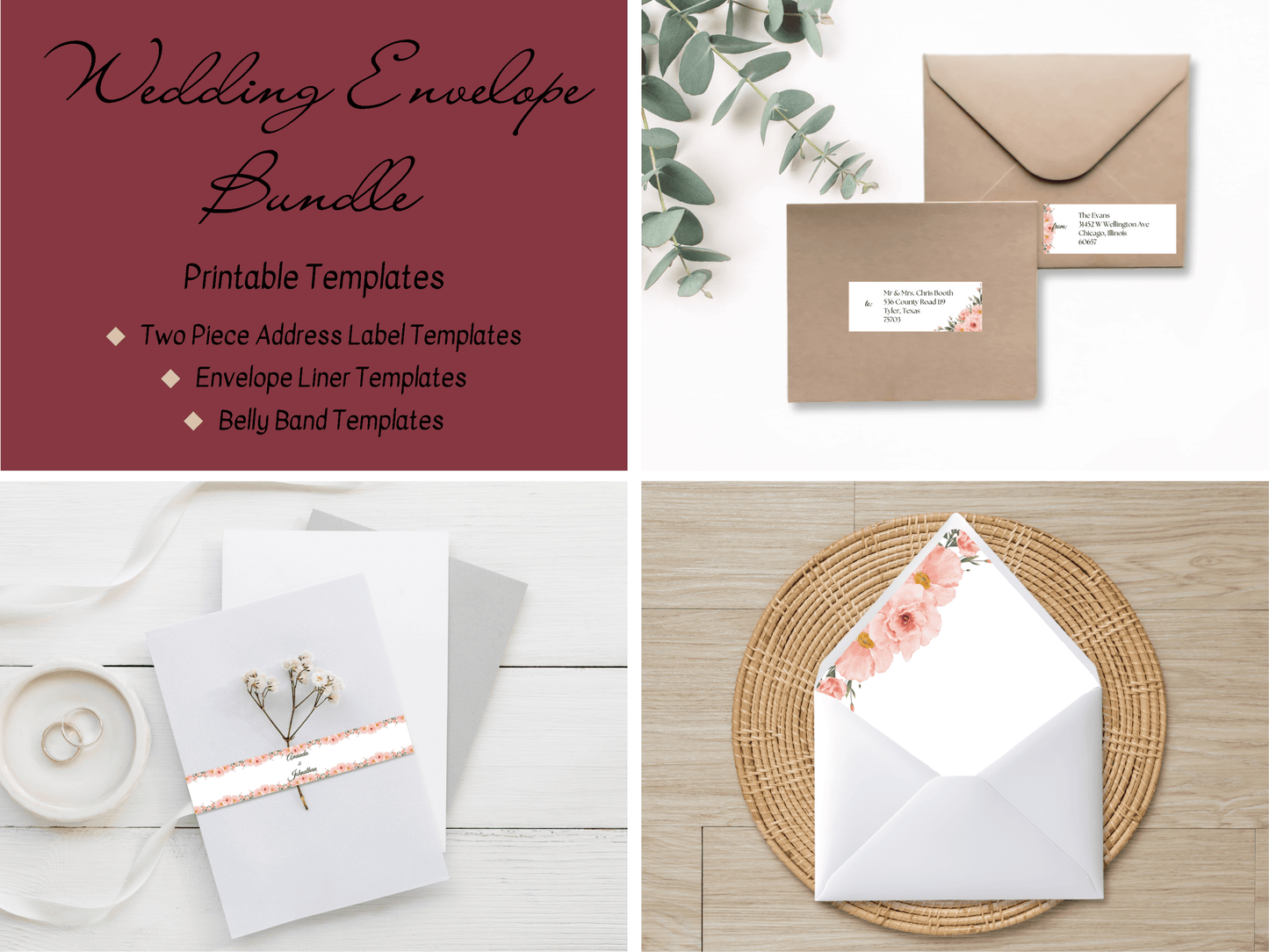 Soft Pink Floral Wedding Envelope Decoration Template Bundle, (2Pc), Liner Design 2, Printable Templates