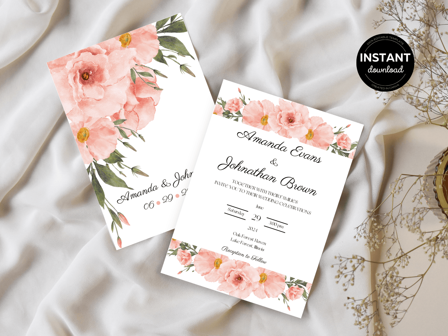 Soft Pink Floral Wedding Invitation & Insert Card Templates Bundle, Printable Templates