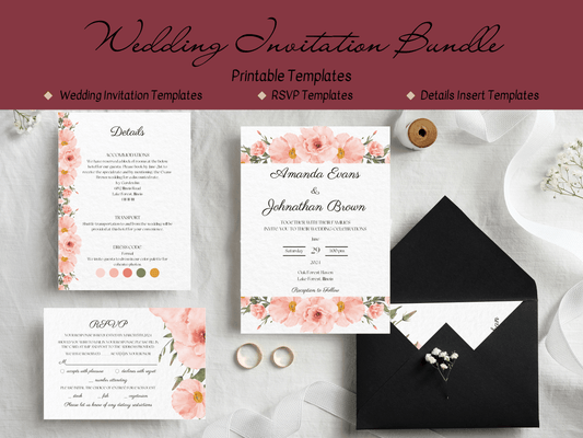 Soft Pink Floral Wedding Invitation & Insert Card Templates Bundle, Printable Templates