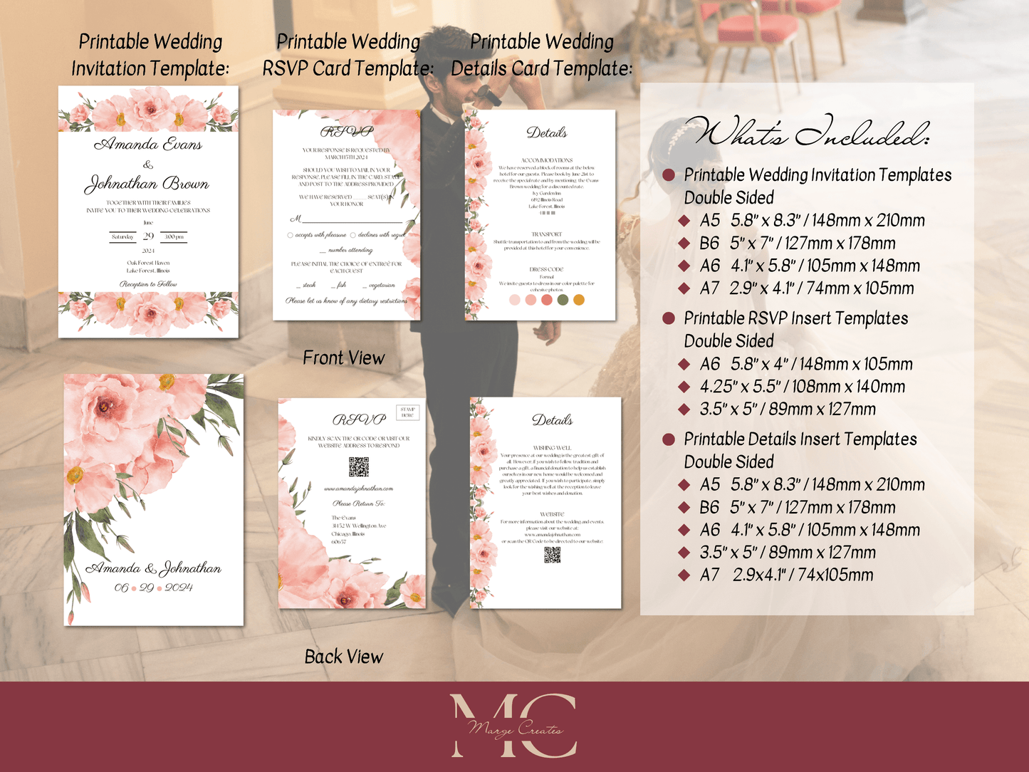 Soft Pink Floral Wedding Invitation & Insert Card Templates Bundle, Printable Templates