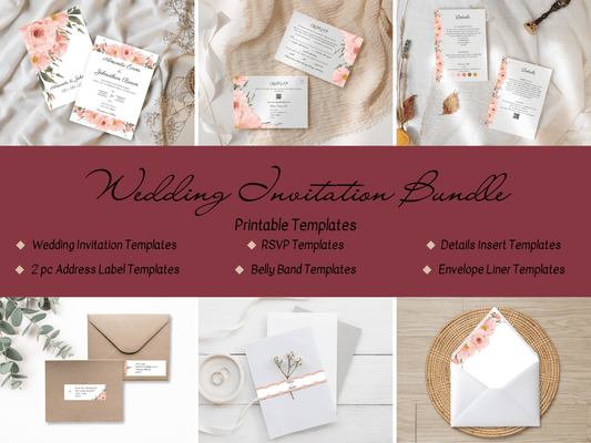 Soft Pink Floral Wedding Invitation Suite with Envelope Decoration Templates, (2Pc), Design 2, Printable Templates