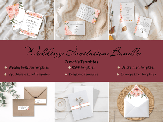 Soft Pink Floral Wedding Invitation Suite with Envelope Decoration Templates, (2Pc), Design 1, Printable Templates