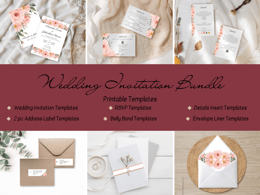 Soft Pink Floral Wedding Invitation Suite with Envelope Decoration Templates, (2Pc), Design 3, Printable Templates