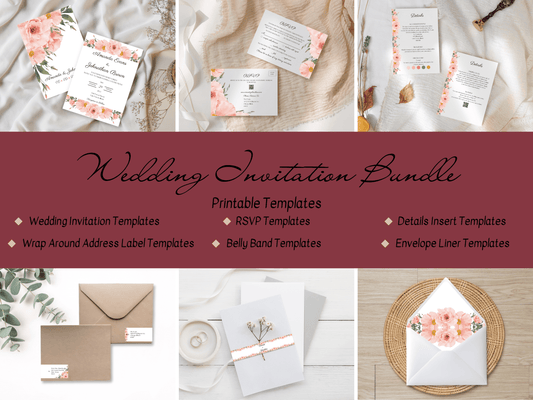 Soft Pink Floral Wedding Invitation Suite with Envelope Decoration Templates, (WA), Design 3, Printable Templates