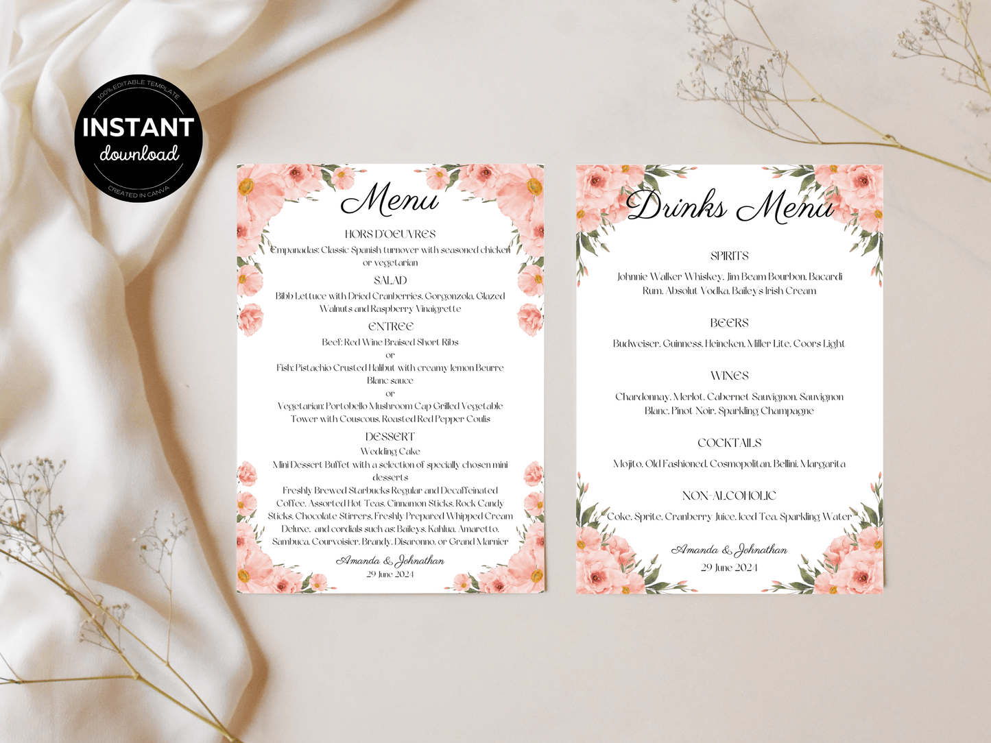 Soft Pink Floral Wedding Menu & Drinks Menu Templates, Printable Templates