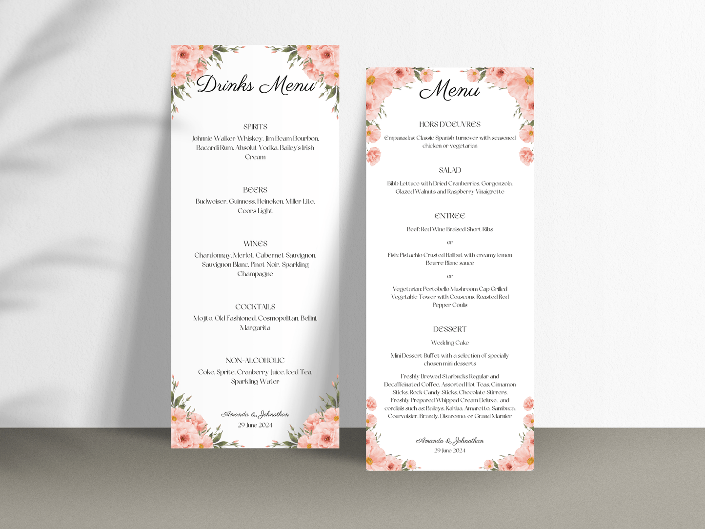 Soft Pink Floral Wedding Menu & Drinks Menu Templates, Printable Templates