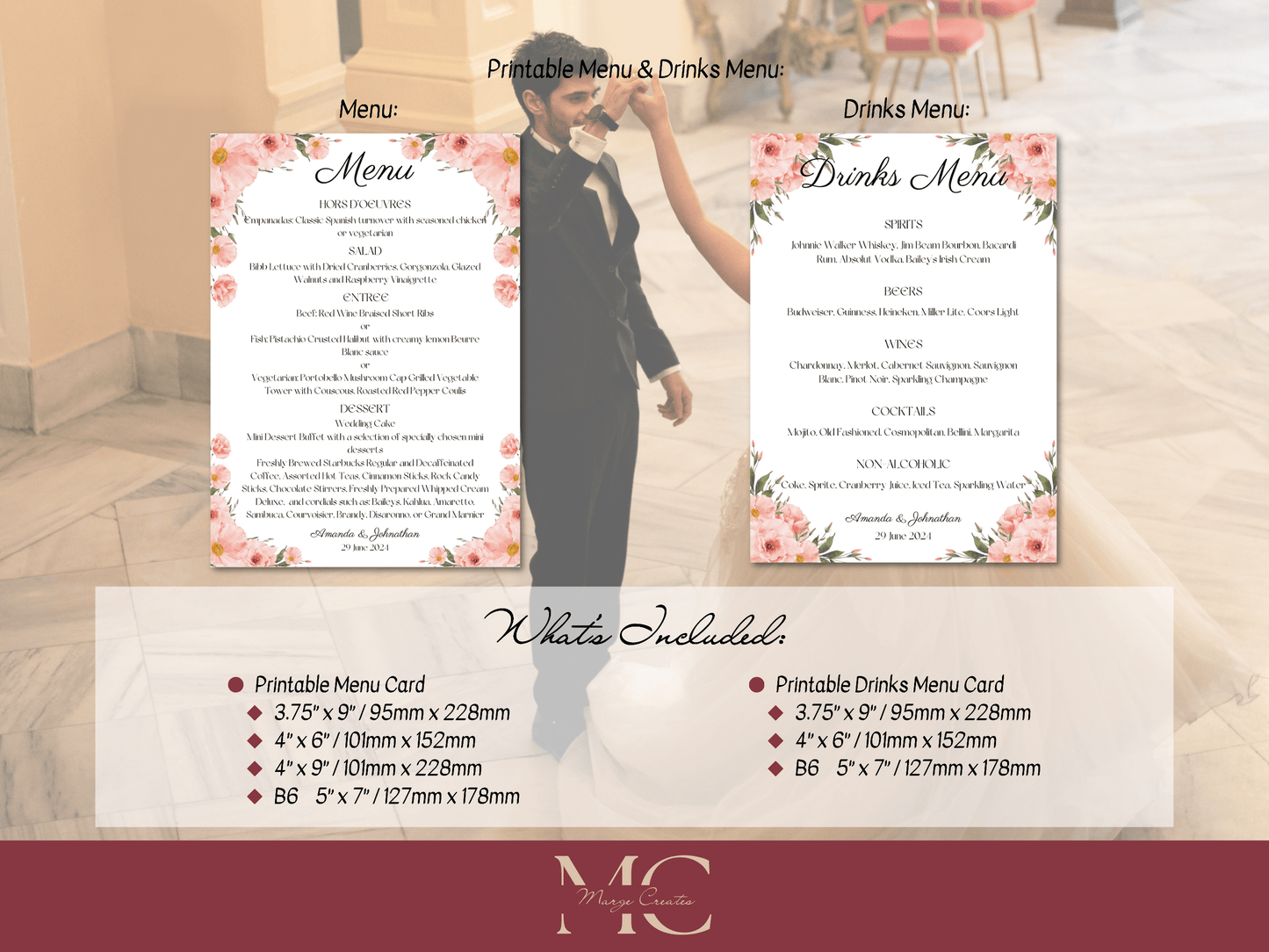 Soft Pink Floral Wedding Menu & Drinks Menu Templates, Printable Templates