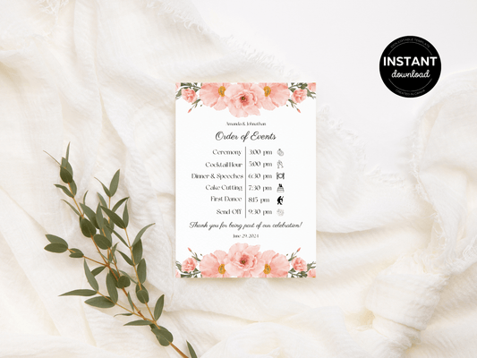 Soft Pink Floral Wedding Order of Event Templates, Printable Templates