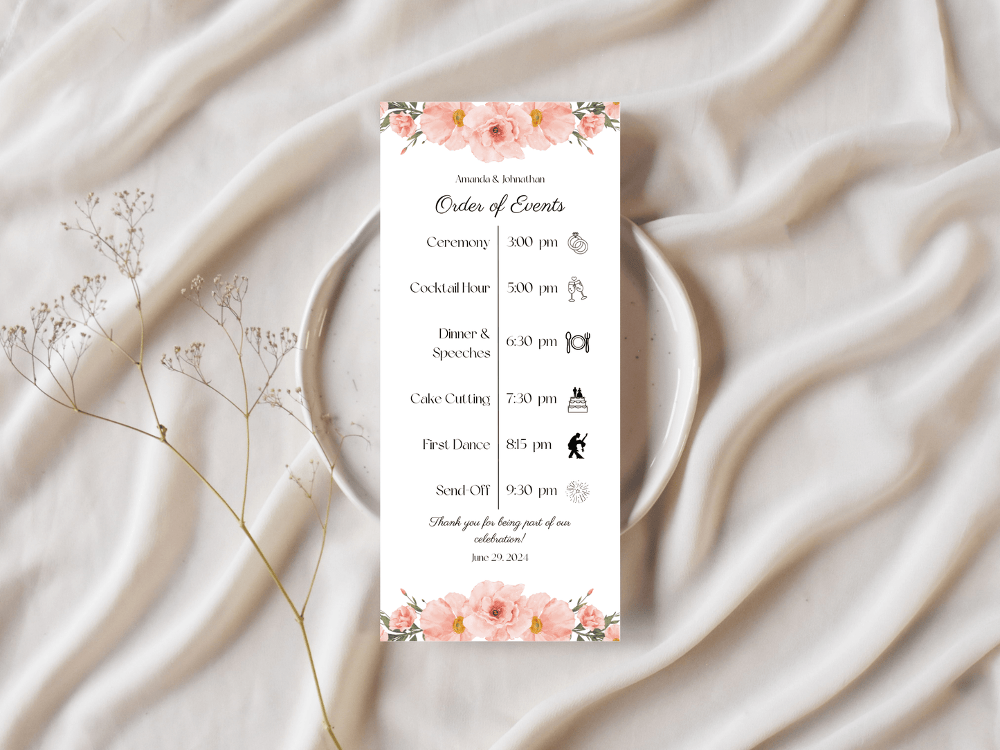 Soft Pink Floral Wedding Order of Event Templates, Printable Templates