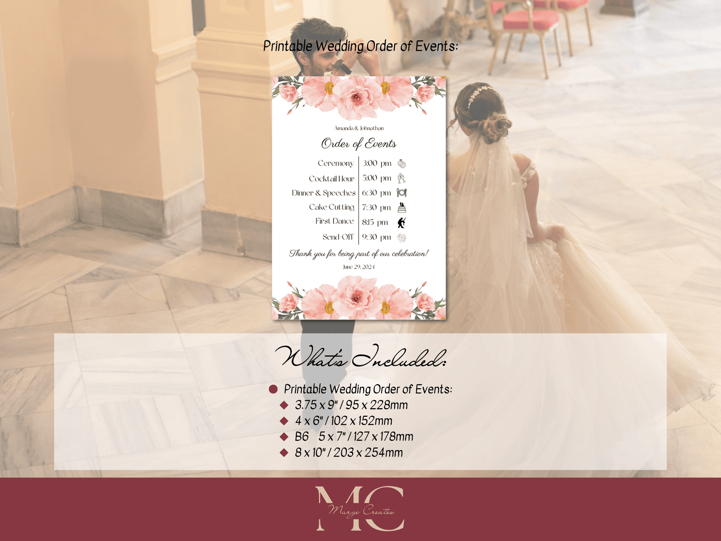 Soft Pink Floral Wedding Order of Event Templates, Printable Templates