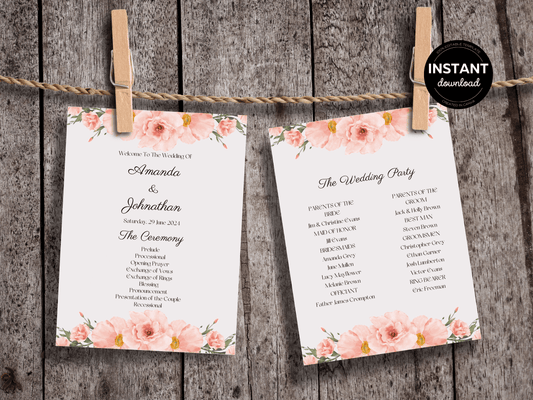 Soft Pink Floral Wedding Program Templates, Printable Templates