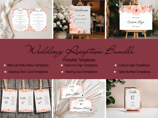 Soft Pink Floral 7Pc Wedding Reception Bundle with Seating Chart Card, Printable Templates